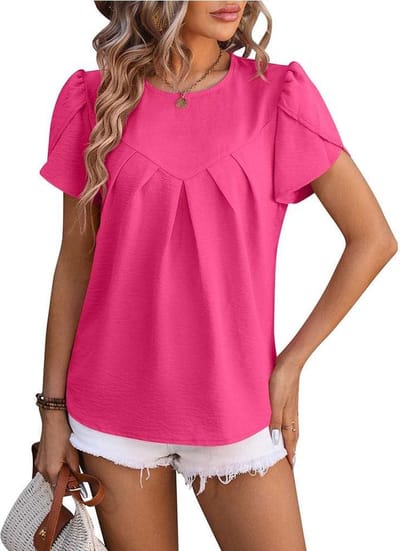 ASTRADAVI Damesmode - Top - Elegante Crêpe Blouse met Overlap Mouwen - Roze Fuchsia / Small