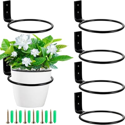 6 x Muurbeugels voor bloempotten, 10 cm metalen bloempotring met schroeven, Hangende plantenhouder, plantenhaken voor het vasthouden van bloempotten, wandplantenstandaard voor huis, tuin, balkon, zwart - Cyslmuk®