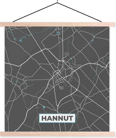 Posterhanger incl. Poster 40x40 cm - Schoolplaat - België – Hannut – Stadskaart – Kaart – Blauw – Plattegrond - Textielposter - Blanke latten - Stadskaart