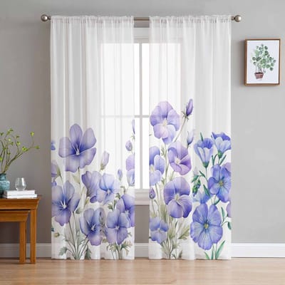 Aquarel Handgeschilderde Trompetbloem Tule Raamgordijnen voor Slaapkamer Luxe Huisdecoratie Gordijnen in Woonkamer Chiffon Panelen 135W x 114H(cm)