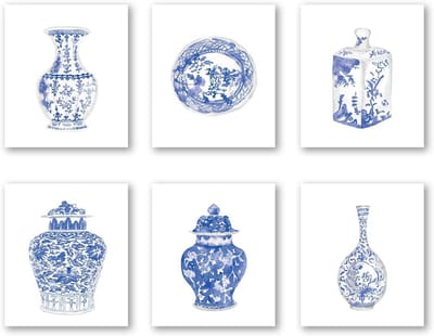 Set van 6 Aziatische Wanddecoratie Prints - Chinees Blauw Wit Porselein Stijl Canvas Kunst voor Slaapkamer of Studie
