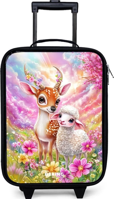 NoBoringSuitcases.com® - Kinderkoffer jongen - Kindertrolley meisje - Hertje met een lammetje in pastelbloemenveld - Koffer kind lichtgewicht - Reiskoffer trolley voor kinderen - Koffertje met lichtgevende wieltjes - Rolkoffer zwart