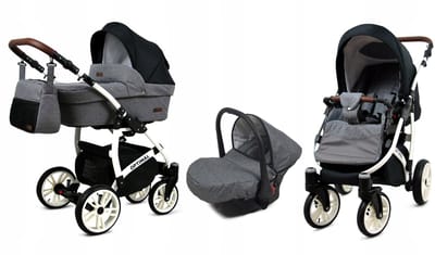 BabyLux® Kinderwagen 3in1 – OPTIMAL - GREY FLEX BLACK WHITE FRAME - Opklapbare Wandelwagen incl. Reiswieg, Multifunctionele Buggy Sportstoel, Autostoel - Combi-kinderwagen met Luiertas, Regenhoes, Klamboe, Bekerhouder, etc.