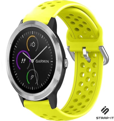 Siliconen sport bandje met gaatjes - Geschikt voor Garmin Venu / Vivoactive 3 / Vivoactive 5 / Vivomove HR / Venu SQ / Forerunner 245 / 570 - 42mm / 645 bandje - Sport bandje - Geel