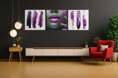 Drieluik Canvas Schilderij Vrouw met Paarse Kleuren – Stijlvolle Moderne Kunst - 3x100x100 cm