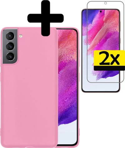 Hoesje - Met 2x Screenprotector - Geschikt voor Samsung Galaxy S21 FE - Sterk & Shockproof - Back Cover - Siliconen Case - Telefoon Hoes - Telefoonhoesjes - Lichtroze