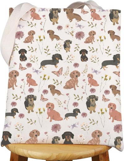 Dachshund Tote Bag - Schoudertas Hond - Boodschappen Doen - Uniek Patroon - 37 x 32 cm - Multicolor