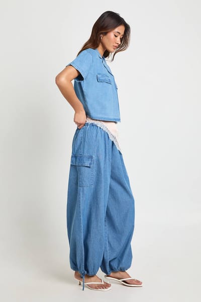 boohoo Dames Chambray Ballonbroek | Medium Gebleekt | Maat: 40