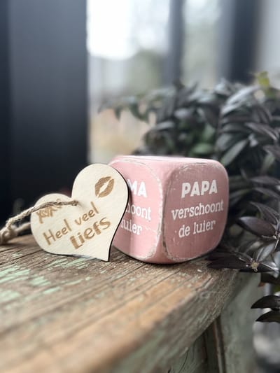 Creaties van Hier - dobbelsteen 8x8cm met houten hartje - mama papa verschoont luier- School - roze - Hout
