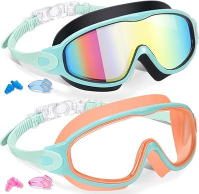 2 Stuks Kinder Zwembrillen voor 3-12 Jaar - Breed Lichaam Anti-Wasem UV Bescherming Zwembril - Gespiegelde & Heldere Lens Lekkagebestendig Zwembadbril met Oordopjes Neusklem voor Jongens Meisjes Strand Watersport