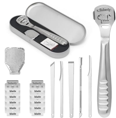 Dailygoods - 17 stuks eeltschaaf, voetschraper, professioneel, roestvrij staal, eeltschaaf, voetverzorging, eeltverwijderaar met 10 reservemesjes en doos, pedicureset voor handvoeten (zilver)