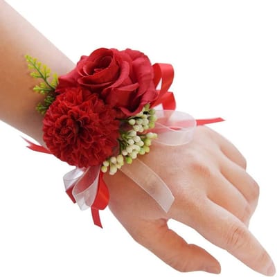 Rozen bloemenarmband - Polsbloem lint - Feestelijke decoratie - Handgemaakte zijdebloem - 10 x 12cm - Rood