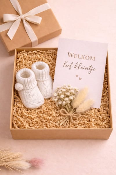 Luxe Baby Cadeaubox Neutraal – Witte Babyslofjes, Droogbloemen & Kaart “Welkom lief kleintje”