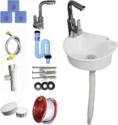 Kunststof Wastafelset - Halfronde Wasbak - Handen Wassen - Compleet Installatieklaar - 295 cm - Wit