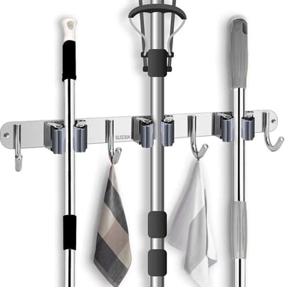Famanu – Bezemhouder wandmontage – RVS heavy-duty rail met 3 posities en 4 haken, strak en functioneel – Voor keuken, badkamer en tuin