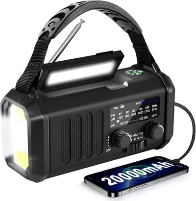 Noodradio - Weerradio - Handmatig aangedreven en op zonne-energie werkende oplaadbare batterij van 20.000 mAh/74.000 mWh - Ingebouwde zaklamp, leeslamp en SOS-functie - AM/FM-radio - Draagbaar - Geschikt voor kamperen en noodgevallen - Zwart