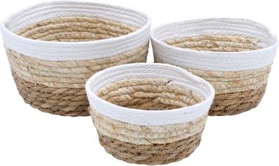 Decoratieve ronde manden set van 3 gemaakt van zeegras - 21 / 18 / 15 cm - multifunctionele mandenset van natuurlijke vezels