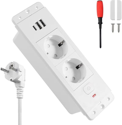 Recessed Tafelstopcontact met Schakelaar, 2 USB C PD 20W, Ingebouwd Stopcontact voor Meubels en Werkoppervlakken, 1.7 m Kabel, Wit, Voor Thuis en Kantoorgebruik