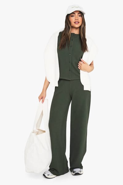 boohoo Dames Crinkle Rib doorgeknoopte mouwloze top en broekset | Kaki | Maat: 36