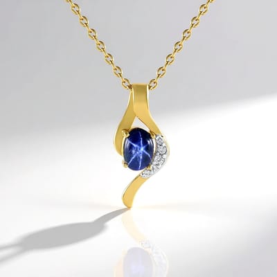 Cavill - Vergulde 925 Sterling Zilveren Halsketting met Blauwe Sterren-Saffier 0,585 ct en Zirkonen - Elegante Ovale Cabochon 6x4 mm