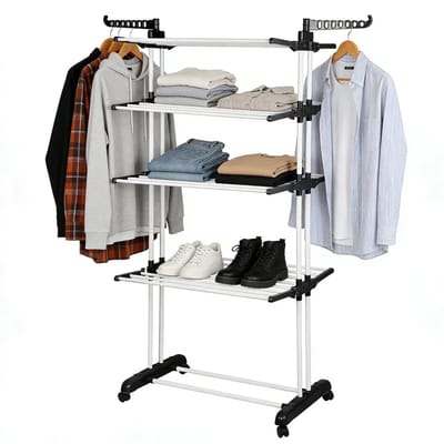 Linkforu - Verrijdbaar Kledingrek - Droogrek - Met 3 Opbergplanken - Wielen - Ruimtebesparend - 170CM - Multifunctioneel