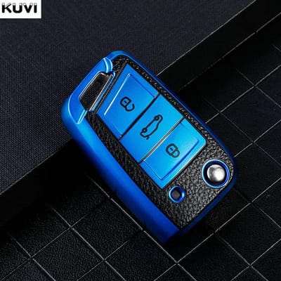 Lederen TPU Auto Flip Sleutelhoes Cover Voor Vw Volkswagen Golf 7 Mk7 Tiguan Mk2 Voor Seat Ateca Leon Fr Ibiza Skoda Octavia Kodiaq blue