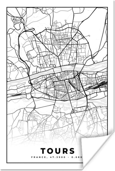 Poster Stadskaart - Tours - Plattegrond - Kaart - Frankrijk - Zwart wit - 120x180 cm XXL