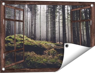 Gards Tuinposter Doorkijk Bos met Mos op Rotsen - 60x40 cm - Tuindoek - Tuindecoratie - Wanddecoratie buiten - Tuinschilderij