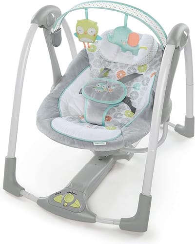 Swing 'n Go draagbare schommel - Knuffels en toeters, 5 swingsnelheden, 8 rustgevende melodieën, verwijderbare speelgoedbeugel, vanaf pasgeboren leeftijd, grijs