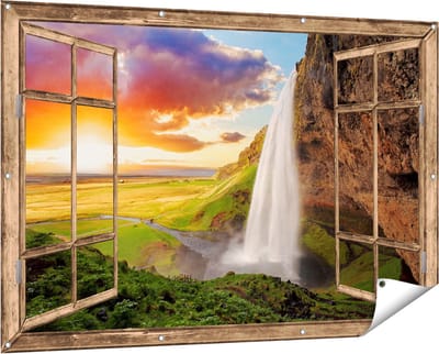 Gards Tuinposter Doorkijk Waterval in IJsland met Zonsondergang - 150x100 cm - Tuindoek - Tuindecoratie - Wanddecoratie buiten - Tuinschilderij