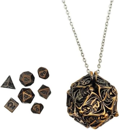 Metalen Dobbelstenen Set - Mini DND - Tabletop Rollenspellen - Met Schedel Ketting - 7 Delig - Koper