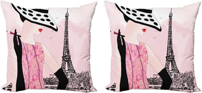 ABAKUHAUS Decoratieve kussenhoezen voor tienerkamer (2 stuks), Eiffeltoren (vrouw), 45x45 cm, lichtroze en zwart