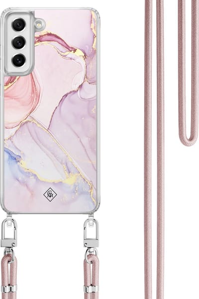 Casimoda® hoesje met koord - Geschikt voor Samsung S21 FE - Marmer roze paars - Afneembaar koord - TPU/polycarbonaat - Paars