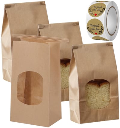 Dailygoods - 25 stuks kleine broodzakken met venster, koekjeszakjes van kraftpapier met stickers, kraftpapieren zakjes voor Kerstmis, 9 x 6 x 17 cm, voor Kerstmis, huisgemaakt brood, snoep, koekjes