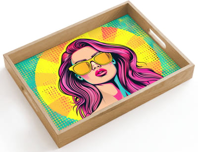 Dienblad hout 40x30 cm - Schootdienblad - Zonnebril - Vrouw - Zonnig - Geel - Borrelplank rechthoek - Plateau dienbladen