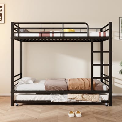 Gutent IJzeren Stapelbed (Zonder matras) voor kinderen en tieners, met uitschuifbaar bed, met relingen, Zwart, 90x200cm & 90x190cm