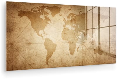 ® Glasschilderij 80x40 cm - Schilderij acrylglas - Wereldkaart - Vintage - Papyrus - Foto op glas - Muurdecoratie woonkamer - Wanddecoratie slaapkamer - Schilderijen
