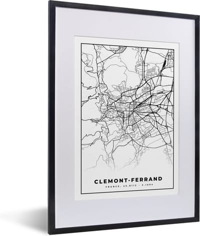 Fotolijst incl. Poster Zwart Wit- Clermont-Ferrand - Frankrijk - Kaart - Plattegrond - Stadskaart - Zwart wit - 30x40 cm - Posterlijst