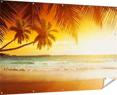 Gards Tuinposter Tropisch Strand tijdens Zonsondergang - 180x120 cm - Tuindoek - Tuindecoratie - Wanddecoratie buiten - Tuinschilderij