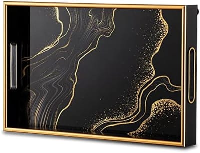 PromoHome Zwart Gouden Dienblad - Decoratieve Salontafel Schaal met Handvatten