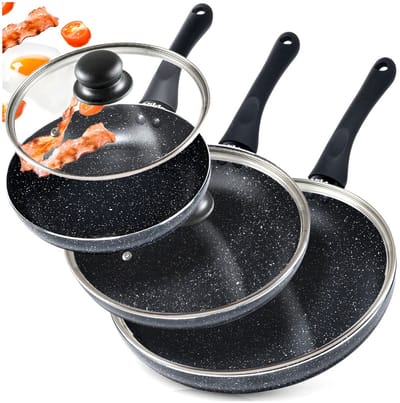 Koekenpan Set Graniet met Deksels BLACK LINE 20 / 24 / 28 cm 3 stuks - Koekenpannen - Braadpannen - Koekenpannenset - Multifunctionele Pan voor Vlees - Groenten