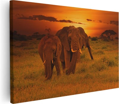 Artaza Canvas Schilderij Olifanten Safari - 30x20 cm - Klein - Wanddecoratie Woonkamer - Muurdecoratie Dieren - Kamer Accessoires