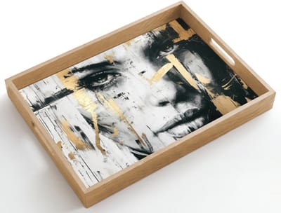 Dienblad hout 50x35 cm - Schootdienblad - Portret - Vrouw - Penseelstreken - Goud - Borrelplank rechthoek - Plateau dienbladen