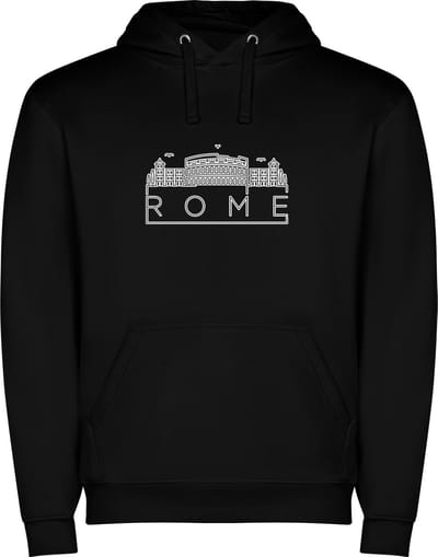 Zwarte unisex hoodie met “ Skyline Rome – Vakantiegevoel – Strak – Modern “ Print Full Color merk Roly maat M