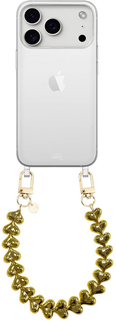 xoxo Wildhearts siliconen hoesje geschikt voor iPhone 17 Pro Max hoesje - Funky Hearts - Telefoonhoesje - Hoesje met koord - Goud koord - kort telefoonkoord - Hartjes ketting - Transparant hoesje