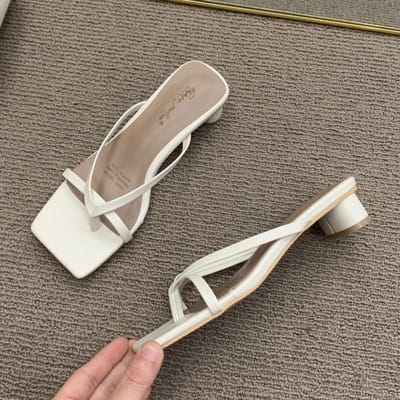 Massieve leren slippers damesschoenen hoge hakken comfortabel nieuwe zomer damesschoenen vrouw mode coole muiltjes slides slippers 35 beige