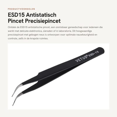 Dailygoods - ESD15 Antistatisch Pincet - Precisiepincet met Gebogen Neus - Zwart - Voor Elektronica Reparatie - Ideaal voor Sieraden Maken - Geschikt...