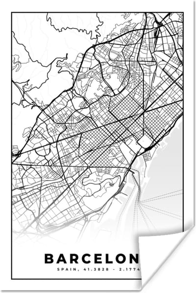 Poster Barcelona - Stadskaart - Plattegrond - Zwart Wit - Kaart - 120x180 cm XXL