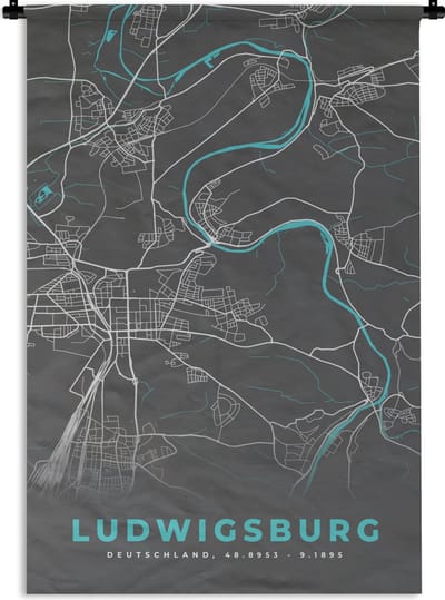 Wandkleed - Wanddoek - Stadskaart – Ludwigsburg – Duitsland – Plattegrond – Kaart - 120x180 cm - Wandtapijt
