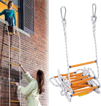 Gebreide Ladder - Reddingsladder Vluchtladder - Noodsituaties Klimmen - Brandwerend Karabijn Haken - 12 Meter Lengte - Blauw Wit Geel